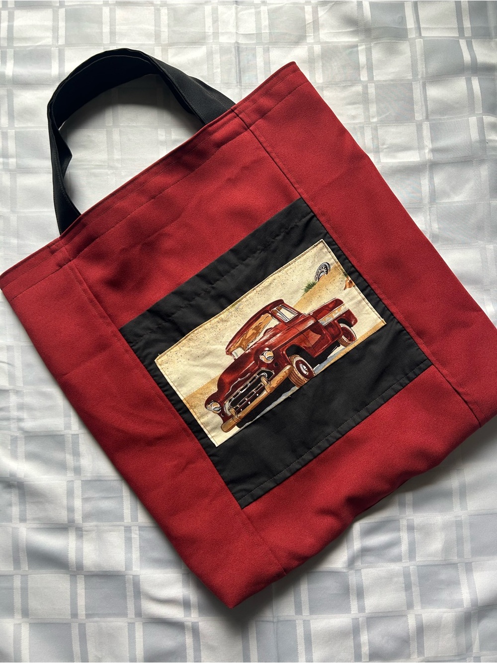 Handmade Fabric Tote Bag with Red Vintage Truck Picture Detail
